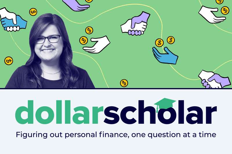 Dollar Scholar banner featuring money illustrations