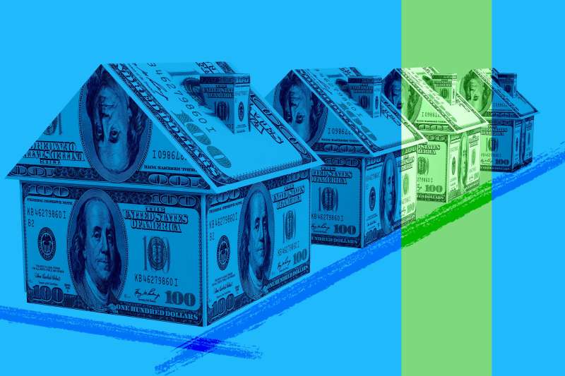 Photo-illustration of a row of houses made of money, with 16% of the frame represented in green.