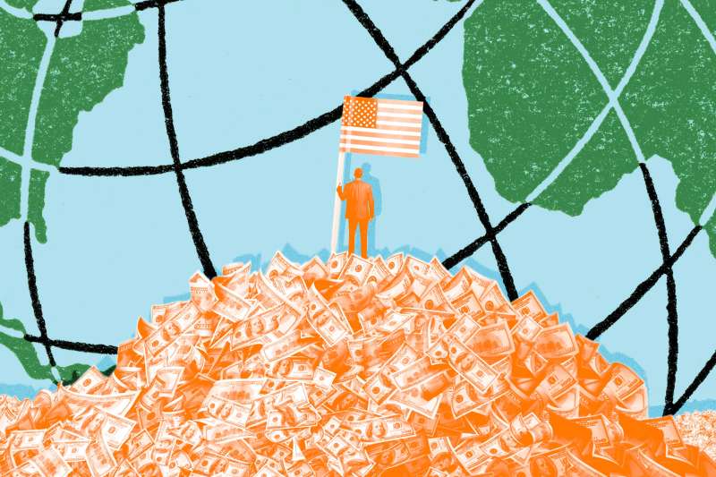 Photo-illustration of man with American flag standing on pile of money with globe in the background.