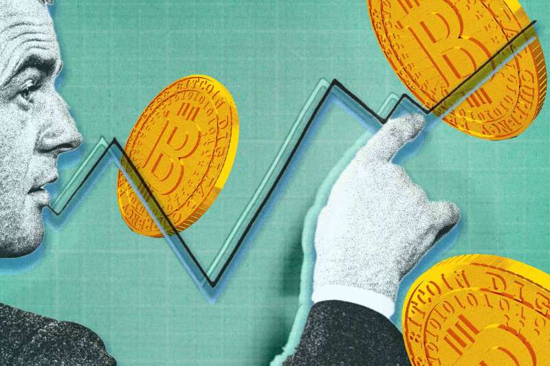 Photo-illustration of a man pointing to an increasing graph with bitcoins in the background.