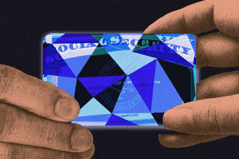 Photo-illustration of two hands holding an abstracted social security card.