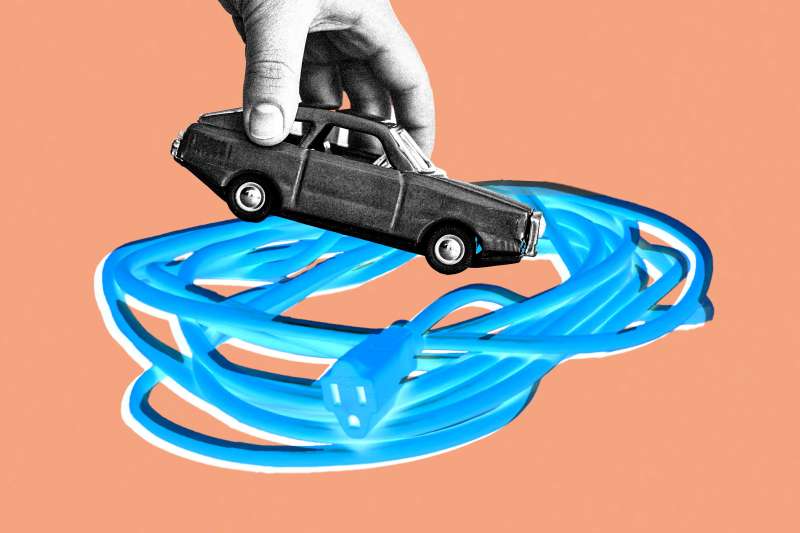 Photo-illustration of a hand reaching into a pile of electrical cords, while holding a car.