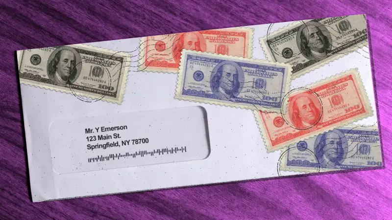 Image of a mail envelope letter with many postage stamps on it that resemble dollar bills