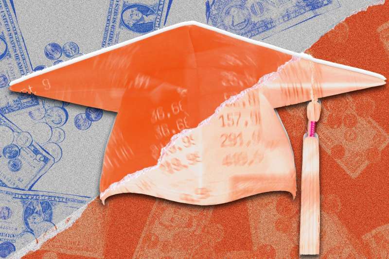Photo-illustration of a graduation cap, receipts, and money.