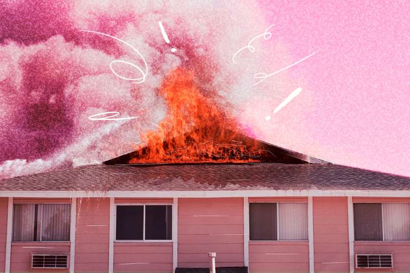 Small pink house on fire