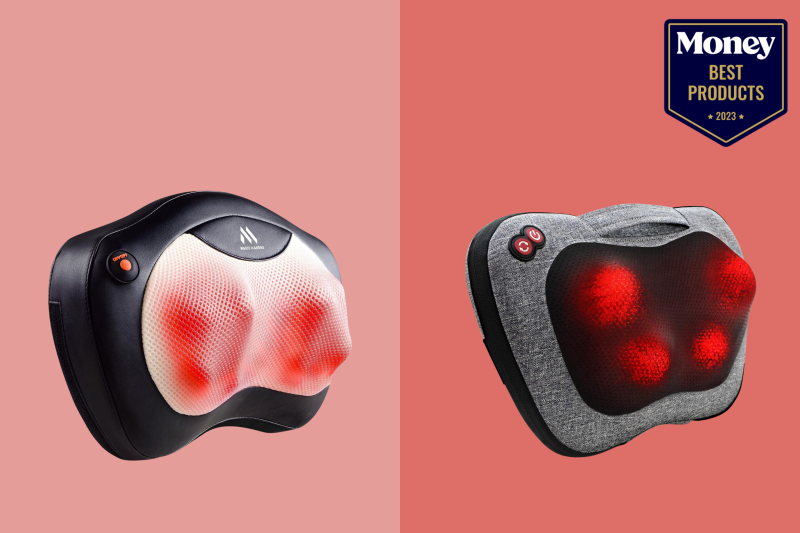 The Best Back Massagers for Your Money-- two top back massagers side by side on a two-tone red beckdrop
