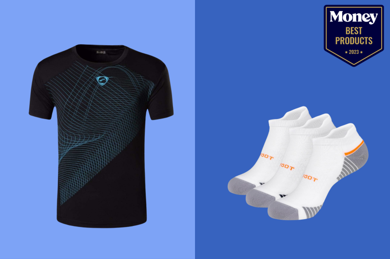 The Best Pickleball Clothes for Your Money-- a black pickleball shirt and a pair of white pickleball socks on a two-toned blue backdrop