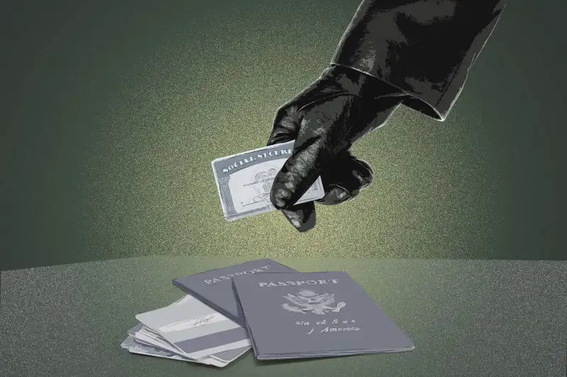 Gloved hand stealing a social security card. Passports and credit cards below