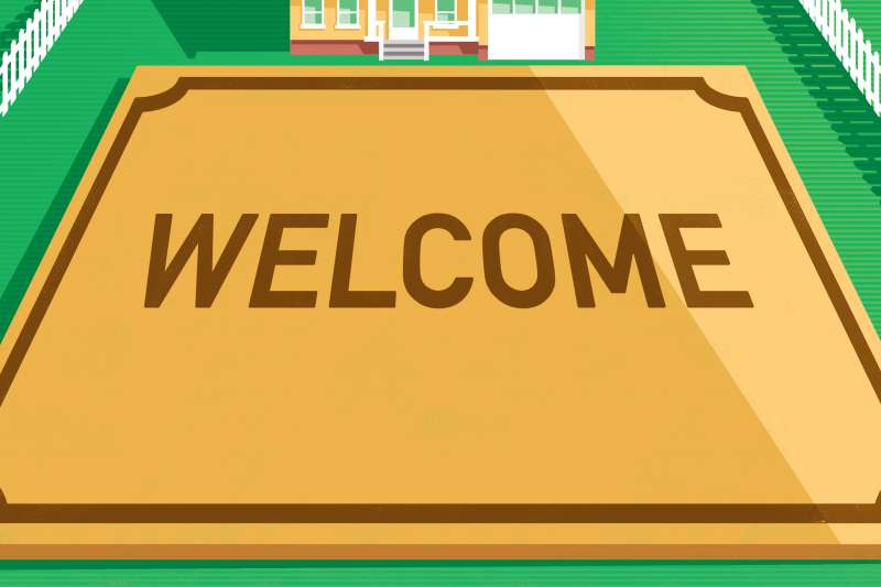 Illustration of a giant Welcome mat in-front of a House