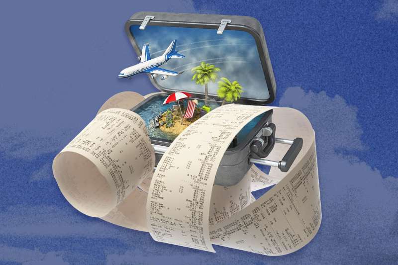 Photo-illustration of a suitcase tangled in receipts.