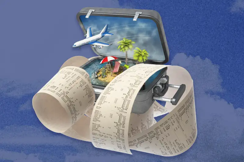 Photo-illustration of a suitcase tangled in receipts.