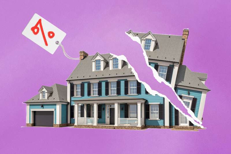 Photo-illustration of a house being ripped in half, with a sale tag on it.