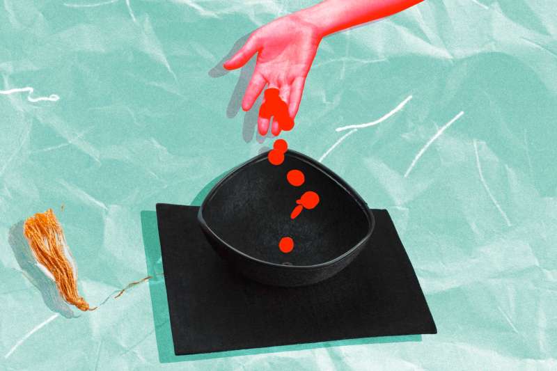 Photo-illustration of a hand dropping coins into a graduation cap.