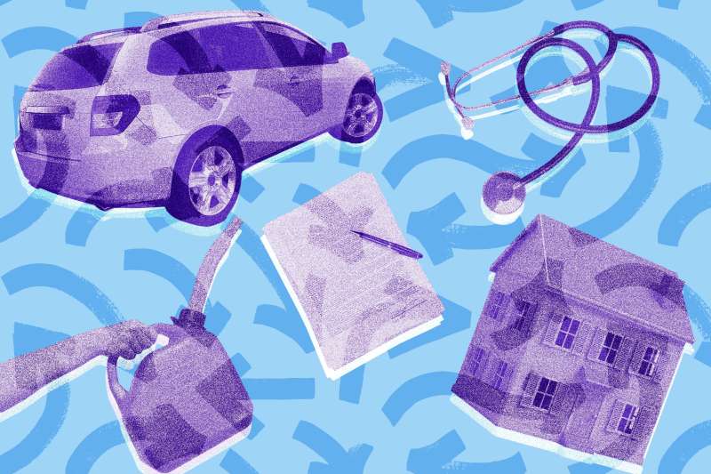 Photo-illustration of arrows with a car, gas can, paperwork, house, and stethoscope.