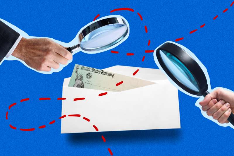 Collage of two hands holding magnifying glasses looking at an envelope with a United States Treasury Check