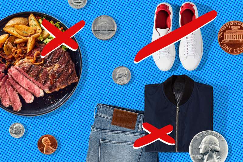 A plate of food, a pair of new shoes, a jacket and a pair of jeans with an  X  mark on top, with multiple coins around
