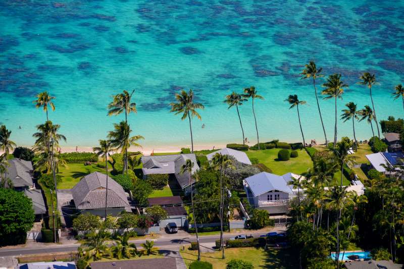 Ocean front neighborhood of Lanikai Beach in Kailua in Hawaii, United States