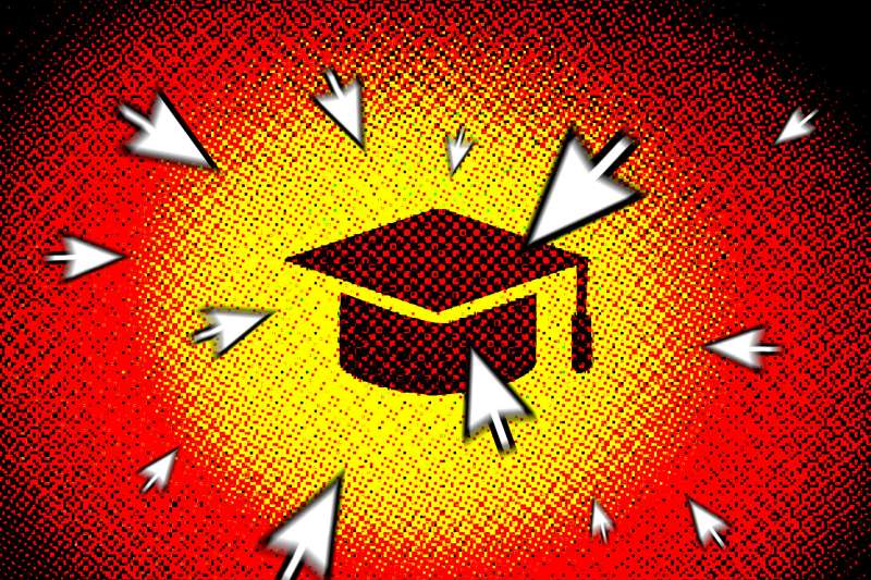 Icon of a graduation cap with multiple cursor arrows moving towards it