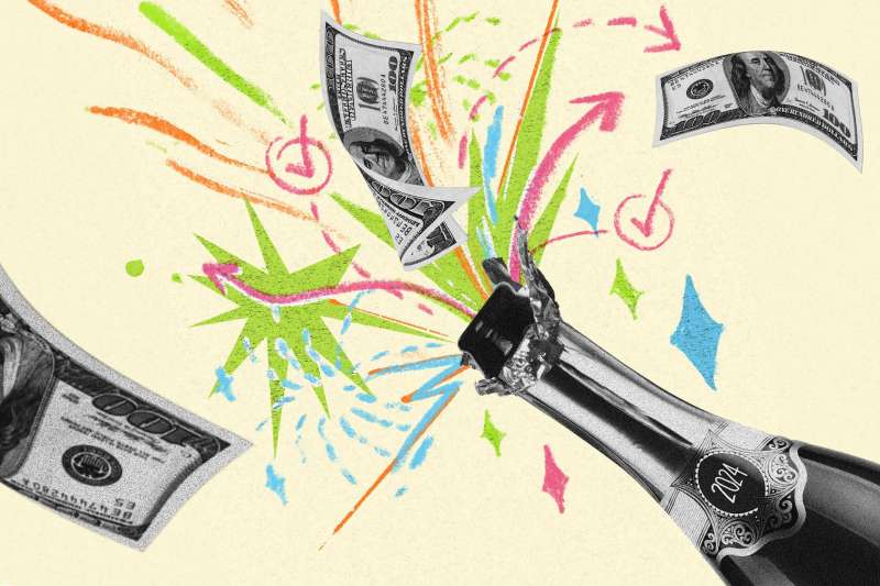 Illustration of a bottle of 2024 champagne exploding into colorful hand drawn fireworks and strategic moves, alongside with dollar bills