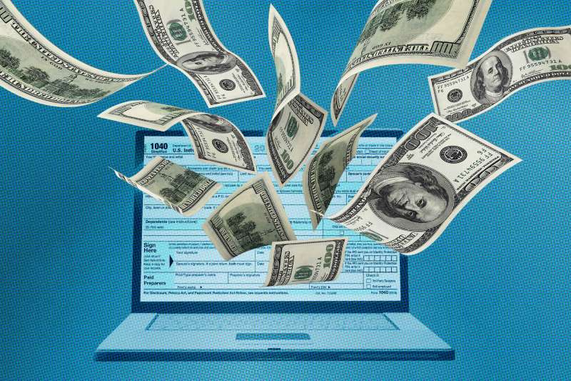 Photo-illustration of money flying out of a computer screen, with tax forms on the screen.