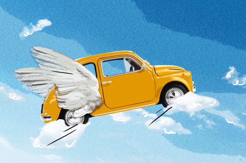 Photo Illustration of a car with wings flying in the sky