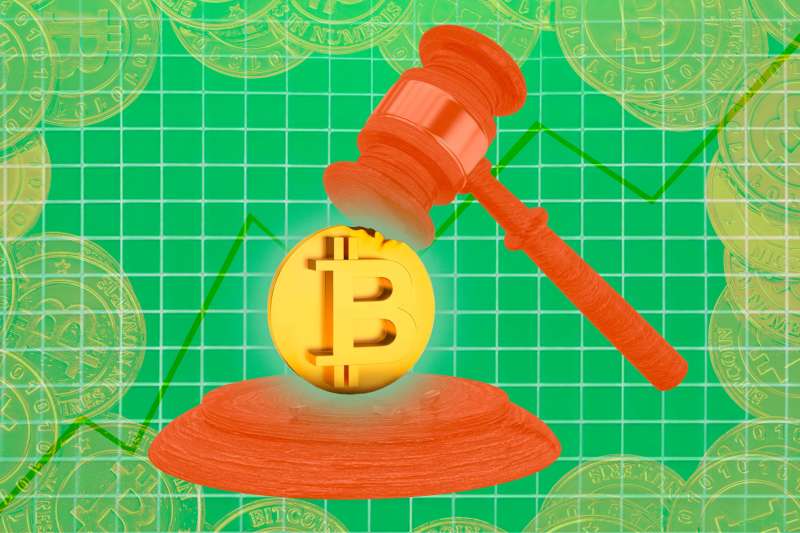 Photo-illustration of a gavel hitting a bitcoin, with a graph in the background.