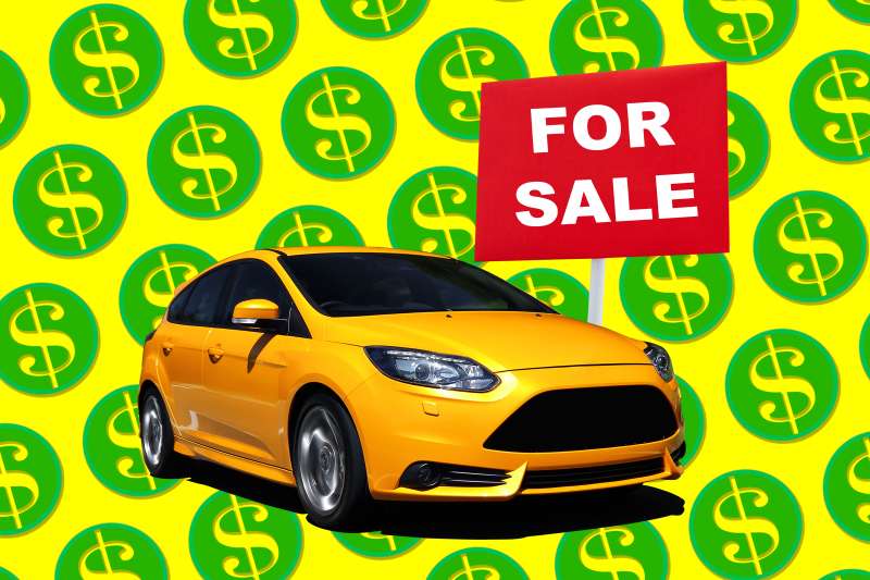 Photo collage of a new car with a for sale sign with a dollar bill sign background