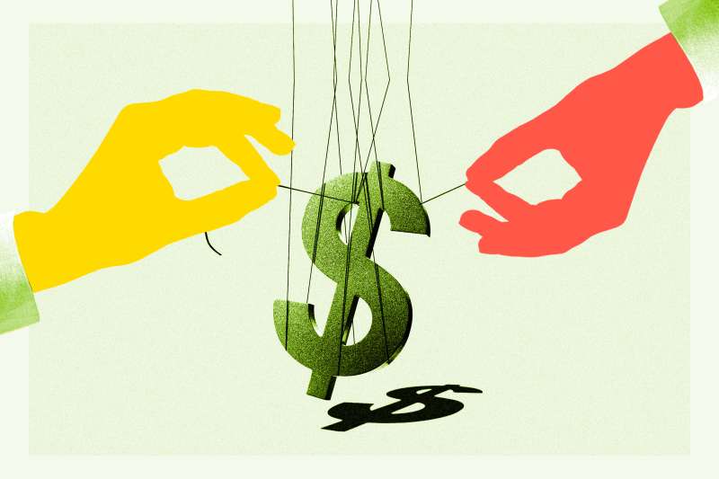Photo-illustration of hands pulling a hanging dollar sign.