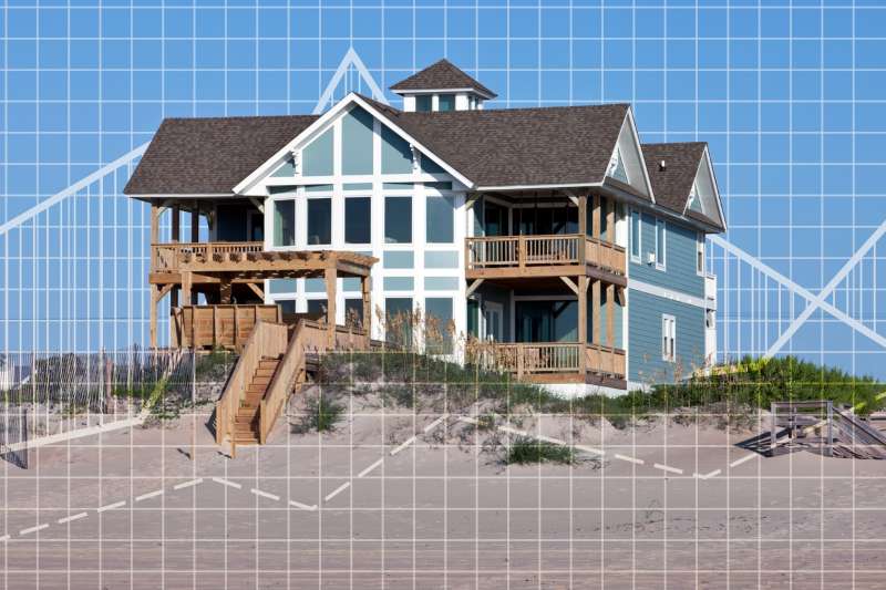 North Carolina beach house with a graph overlay.