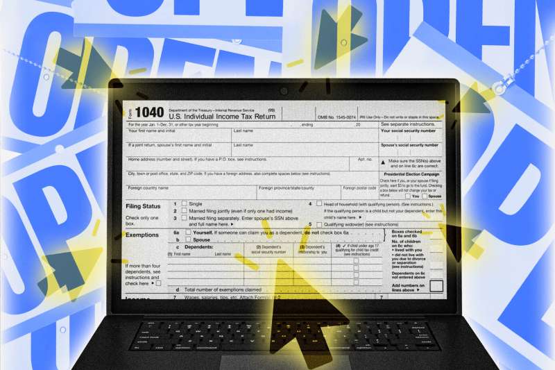 Laptop open to a tax form, with open signs in the background.