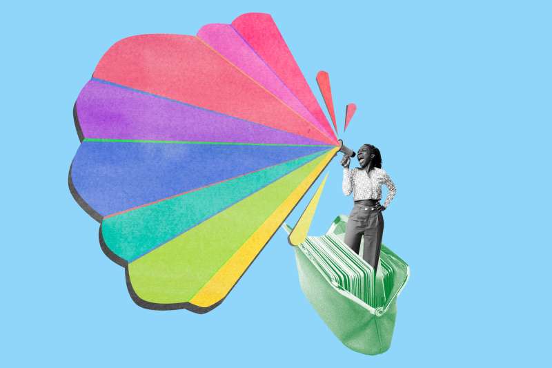 Photo-illustration of a woman standing in a wallet holding a megaphone with a burst of colorful sound coming out.