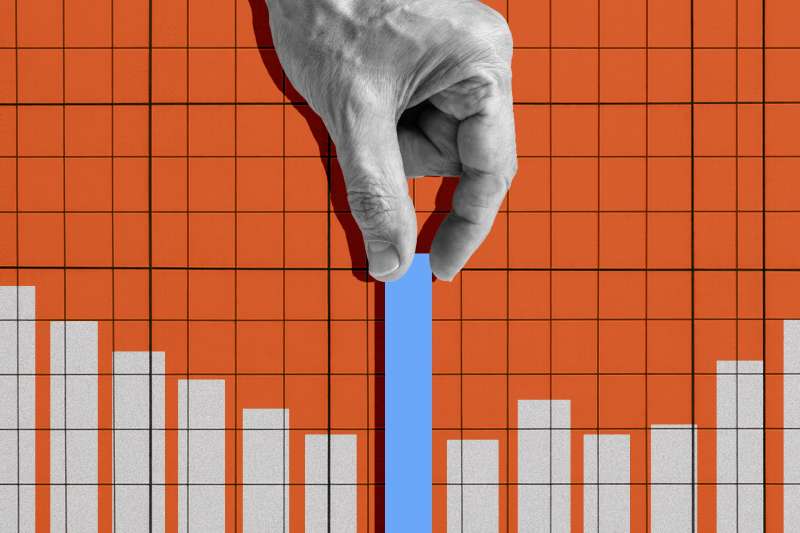 Photo-illustration of a retiree's hand reaching down and grabbing a bar graph.