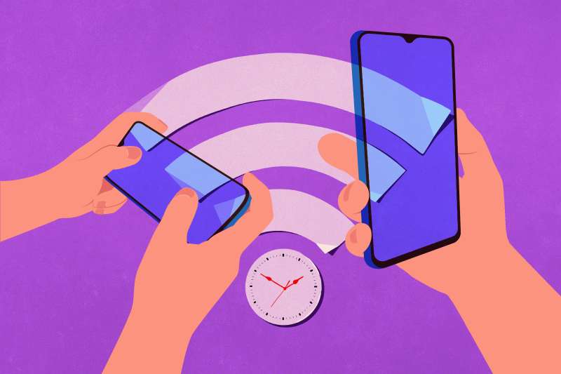 Illustration of two hands holding smartphones with a big Wi-Fi symbol in the background with a clock
