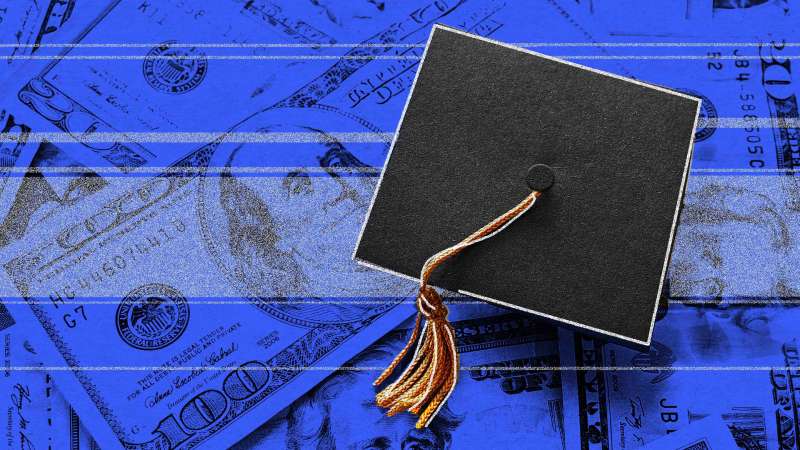 Photo illustration of money under a graduation cap
