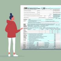 Illustration of a person with a giant tax form in front of them
