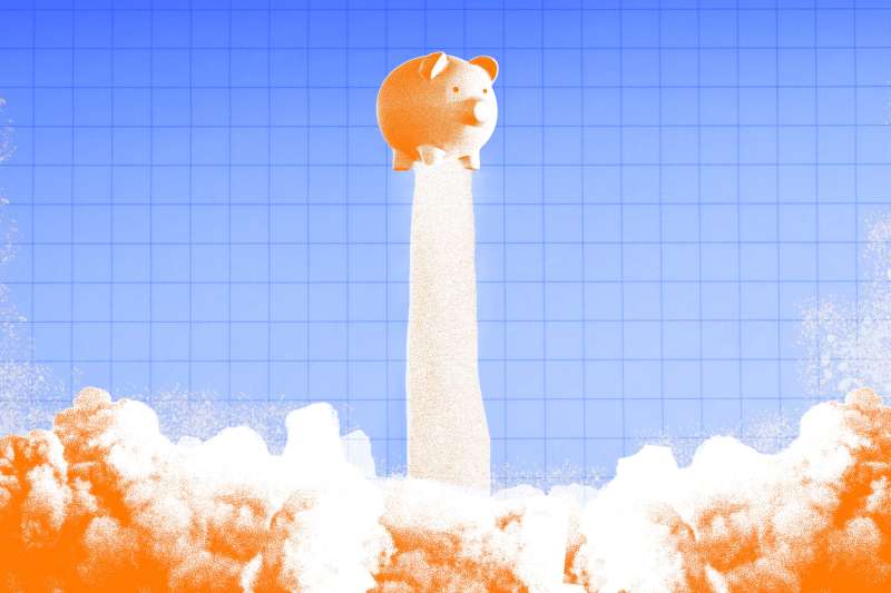 Photo-illustration of a piggy bank rocket shooting into the sky.