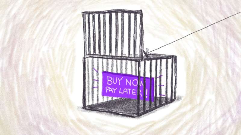 Illustration of a trap that features a BUY NOW PAY LATER button as bait