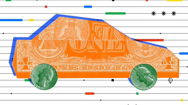 Photo-illustration of a car made of money on a graphic background.