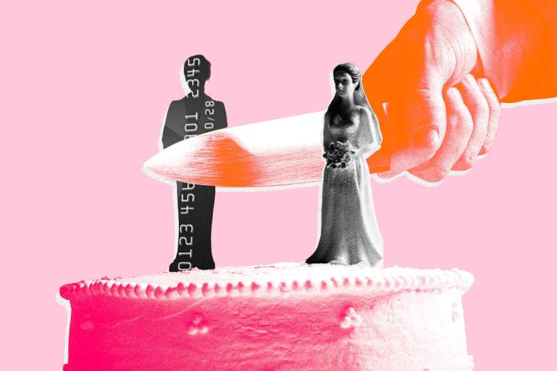 Photo-illustration of wedding cake toppers, with one being a credit card silhouette, with a knife coming down between them.