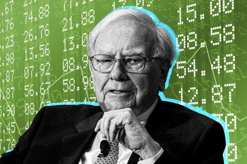 Warren Buffet with stock numbers in the background.