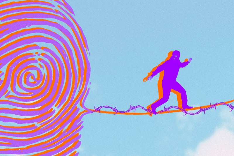 Photo-illustration of a robber tight-rope walking away from a fingerprint.