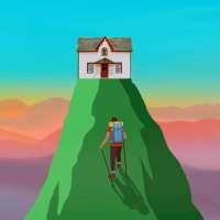 Illustration of a house on a really high hill and a person hiking up towards it.