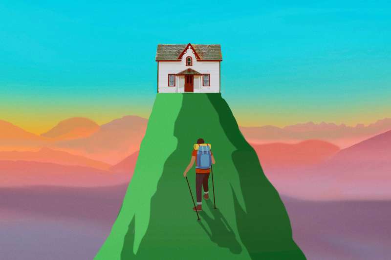 Illustration of a house on a really high hill and a person hiking up towards it.