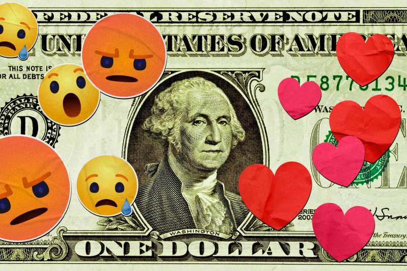 Close-up of a dollar bill with heart shaped stickers on one side, and angry, sad and surprised emoji stickers on the other
