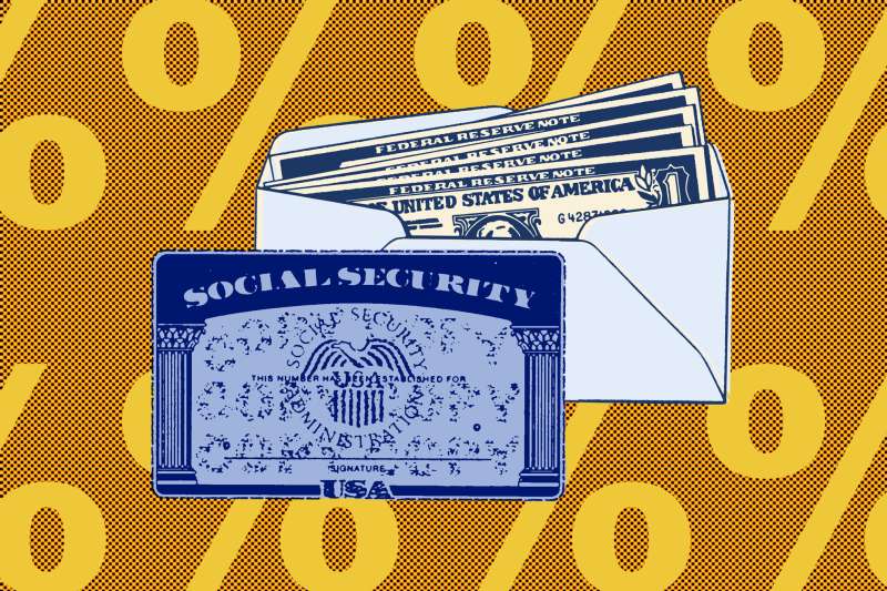 Photo Illustration of a social security card, an envelope with money with percentage signs in the background