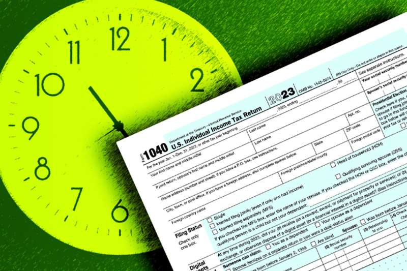 Photo-illustration of a clock and 2023 tax form.