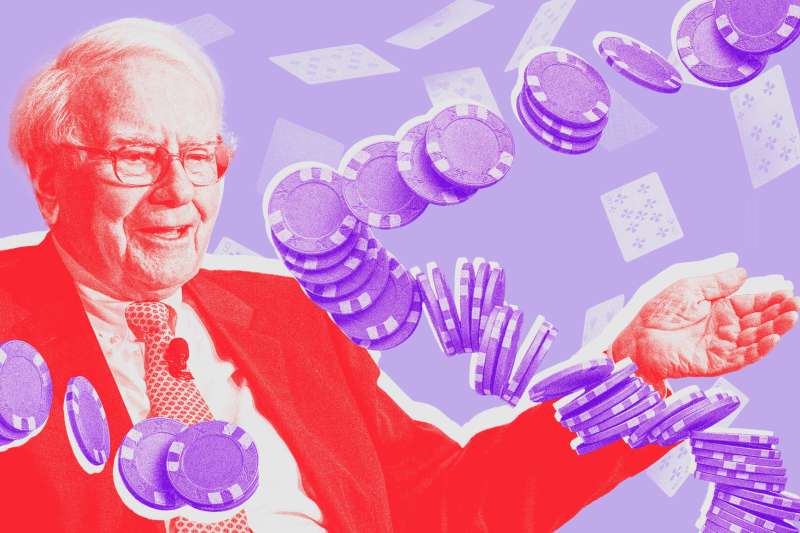 A photo-illustration of Warren Buffet with poker chips and playing cards.