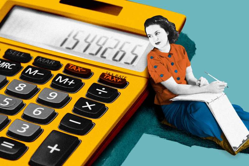 Photo Illustration of a woman with a clipboard doing her taxes, sitting next to a big calculator