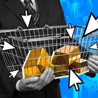 Photo collage of a man holding a shopping cart with gold bars with multiple cursors on top