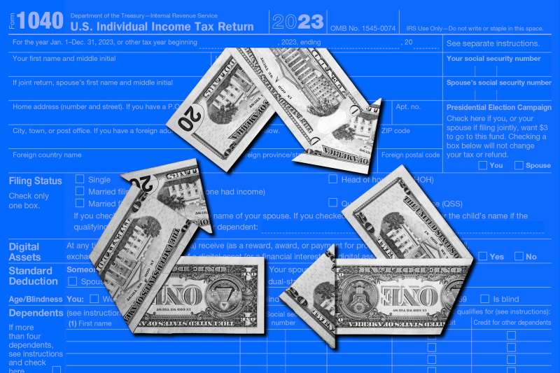 the recycle logo recreated in folded US currency and a 1040 Tax form in the background